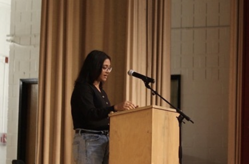 Muzaina Nushma, 10th grade co-president, delivers her campaign speech to her classmates.