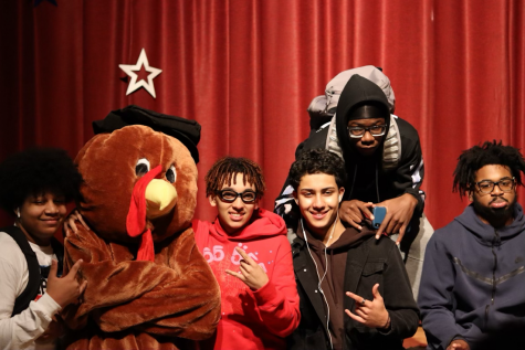 We have a turkey! chant the Pace cheerleaders, bringing in the Pacegiving spirit. The turkey costume has been a tradition at Pace for many years. 

From left: juniors Omar Martinez, Pace Turkey, Ronny Leon, Husam Mubarez, Alsseny Diallo and senior Marcus Shields.