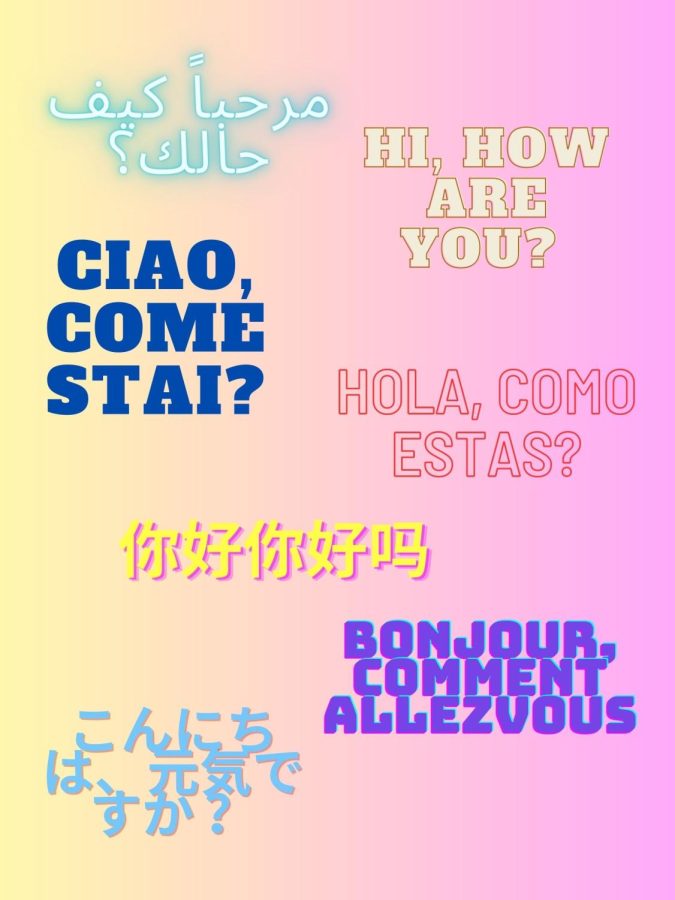 Greetings in Arabic, English, Italian, Spanish, Mandarin, French and Japanese.