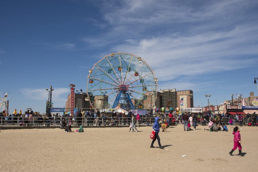 Take the Brooklyn bound F train to the end of the line and youre at the Coney Island beach and amusement park.