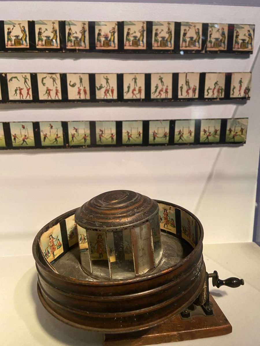 One of the many optical toys the juniors saw on their trip to the Museum of the Moving Image. The praxinoscope was invented in France in 1877, the creator was Charles-Émile Reynaud.