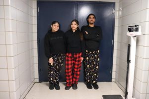 Kaitlyn Pellot, Isabella Berg and Matthew Stamoulis, all juniors, actually participated in Spirit Week on Pajama Day.