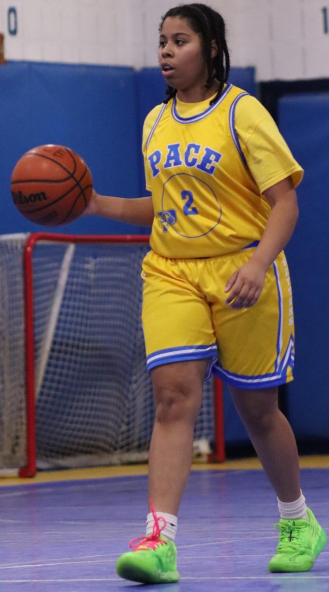 Jinnessa Velasquez (2) dribbles against the Clinton School.