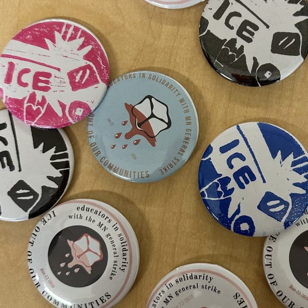 ICE protest pins endorsed by the United Federation of Teachers
in support to Minnesota (Photo provided by Ms. Mornnhinweg.)