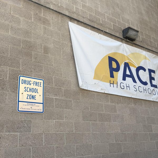 Sign stating PACE is a 'drug-free' school zone in front of school building.
